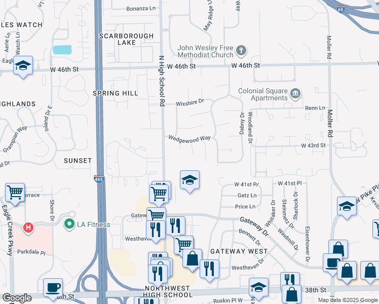 map of restaurants, bars, coffee shops, grocery stores, and more near 4302 Exmoor Court in Indianapolis