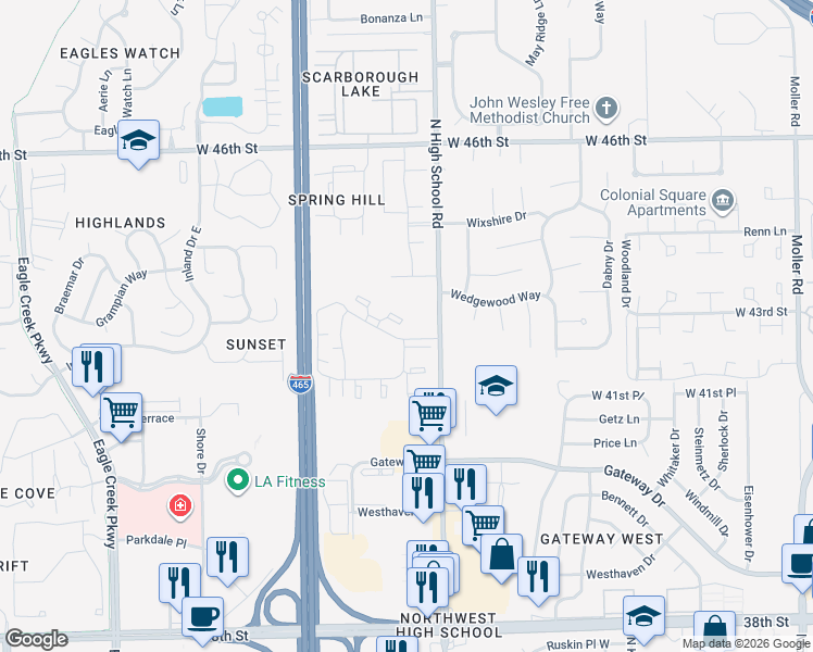 map of restaurants, bars, coffee shops, grocery stores, and more near 6328 Commons Drive in Indianapolis