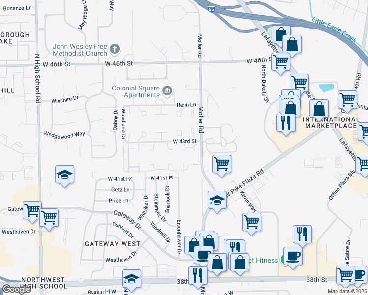 map of restaurants, bars, coffee shops, grocery stores, and more near West 43rd Street in Indianapolis