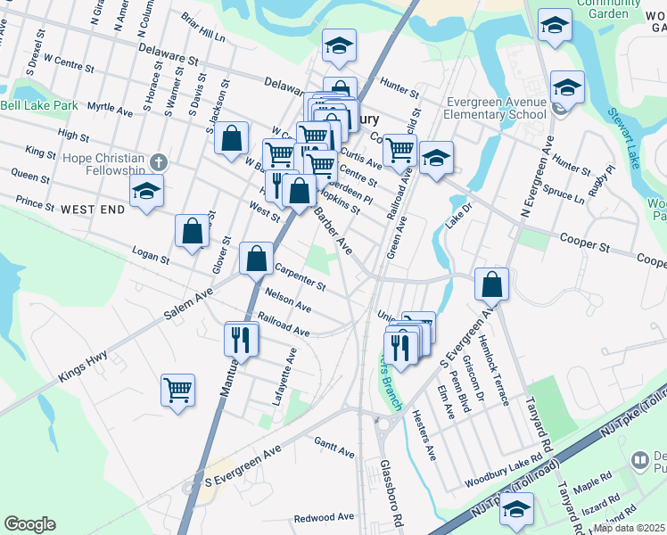map of restaurants, bars, coffee shops, grocery stores, and more near in Woodbury