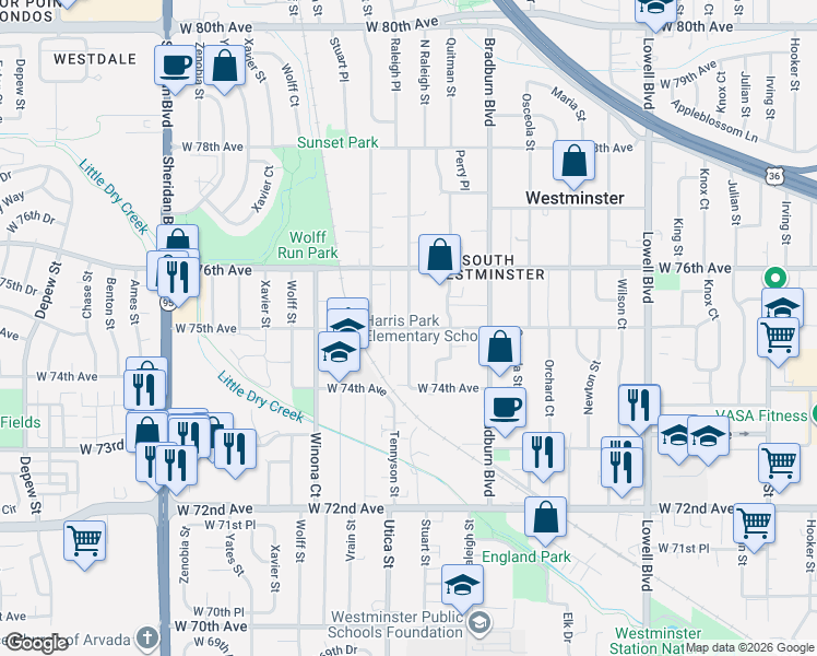 map of restaurants, bars, coffee shops, grocery stores, and more near 13227 Raleigh Street in Westminster