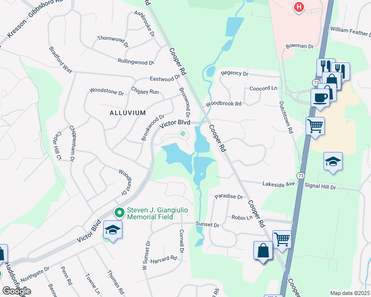 map of restaurants, bars, coffee shops, grocery stores, and more near 4 Garibaldi Drive in Voorhees Township