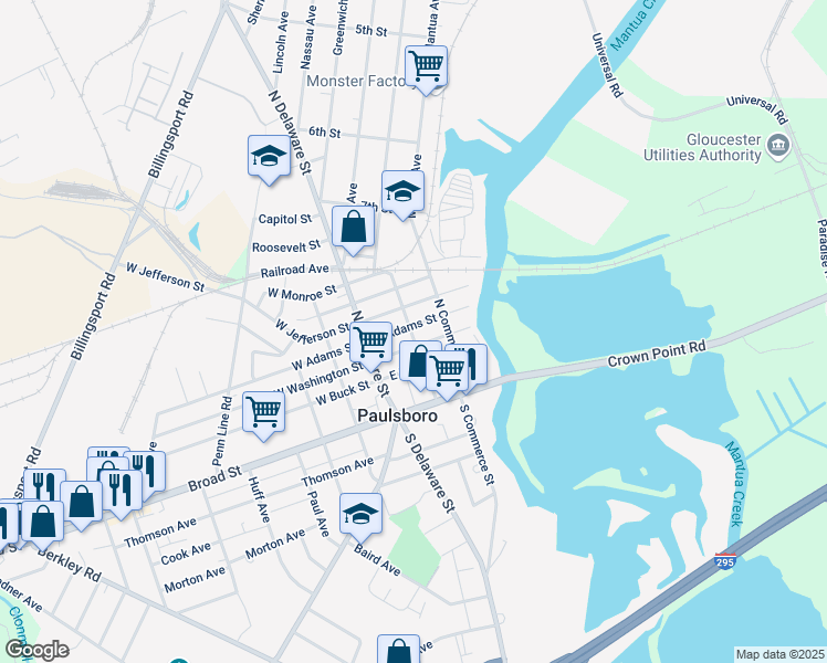 map of restaurants, bars, coffee shops, grocery stores, and more near 37 East Washington Street in Paulsboro