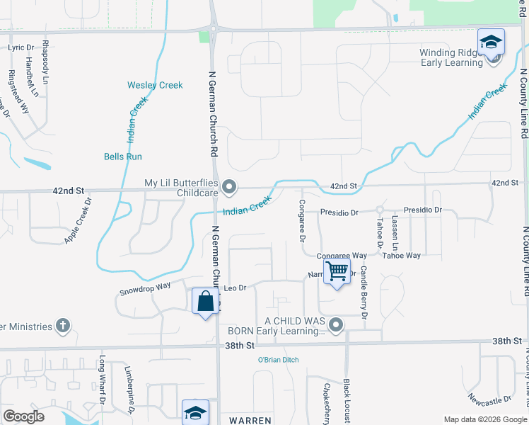 map of restaurants, bars, coffee shops, grocery stores, and more near 3999 North German Church Road in Indianapolis
