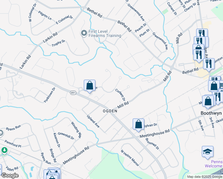 map of restaurants, bars, coffee shops, grocery stores, and more near 40 Brentwood Road in Delaware County