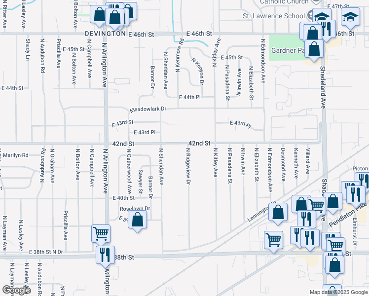 map of restaurants, bars, coffee shops, grocery stores, and more near 6435 East 42nd Street in Indianapolis
