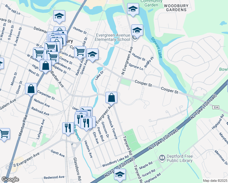 map of restaurants, bars, coffee shops, grocery stores, and more near 57 South Evergreen Avenue in Woodbury