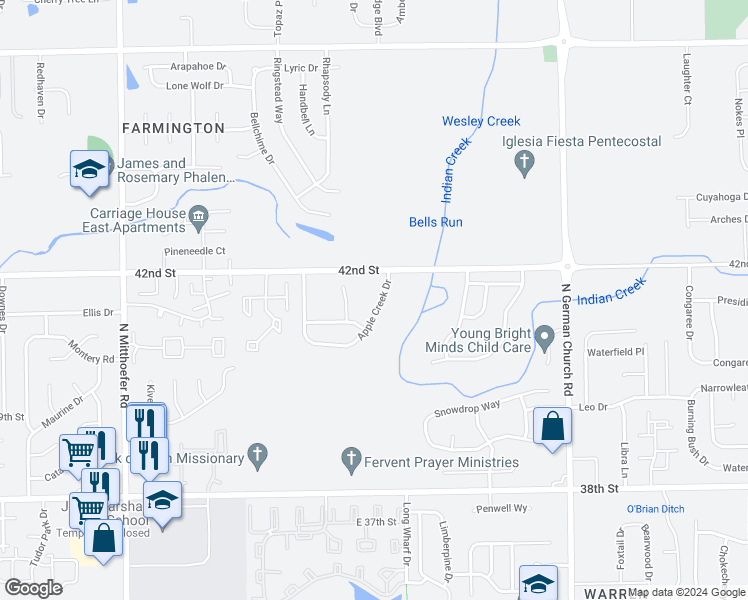 map of restaurants, bars, coffee shops, grocery stores, and more near 4138 Apple Creek Drive in Indianapolis