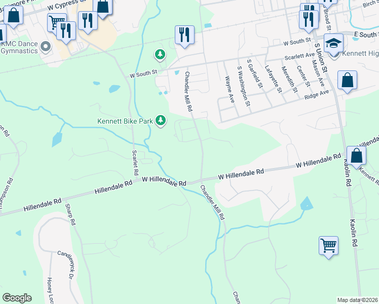map of restaurants, bars, coffee shops, grocery stores, and more near 116 Chandler Mill Road in Kennett Square