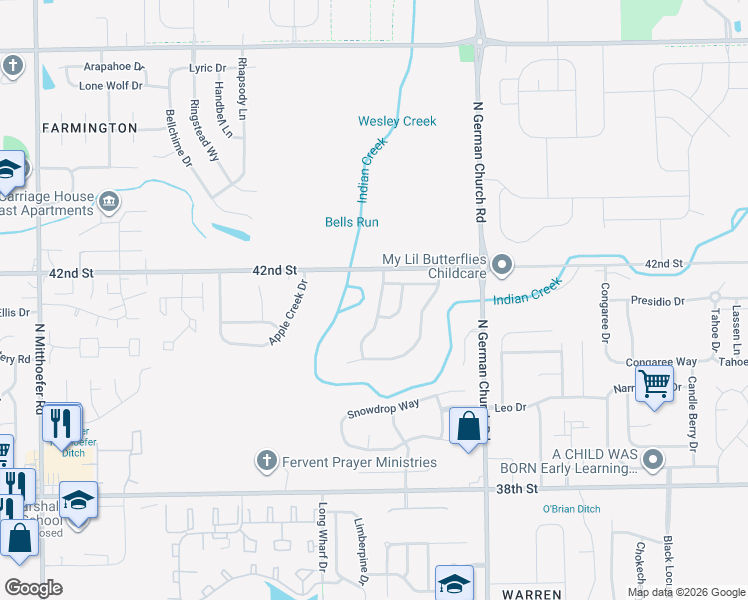 map of restaurants, bars, coffee shops, grocery stores, and more near 4112 Orchard Valley Lane in Indianapolis
