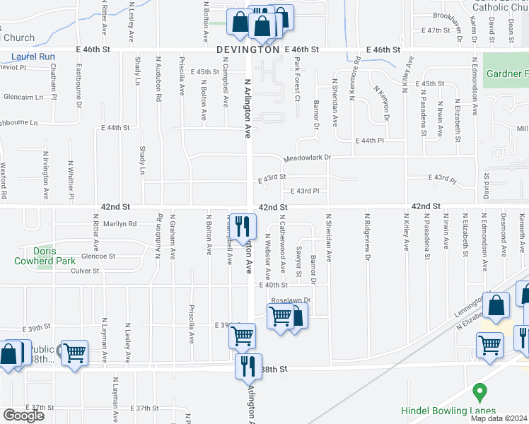 map of restaurants, bars, coffee shops, grocery stores, and more near 6021 East 42nd Street in Indianapolis