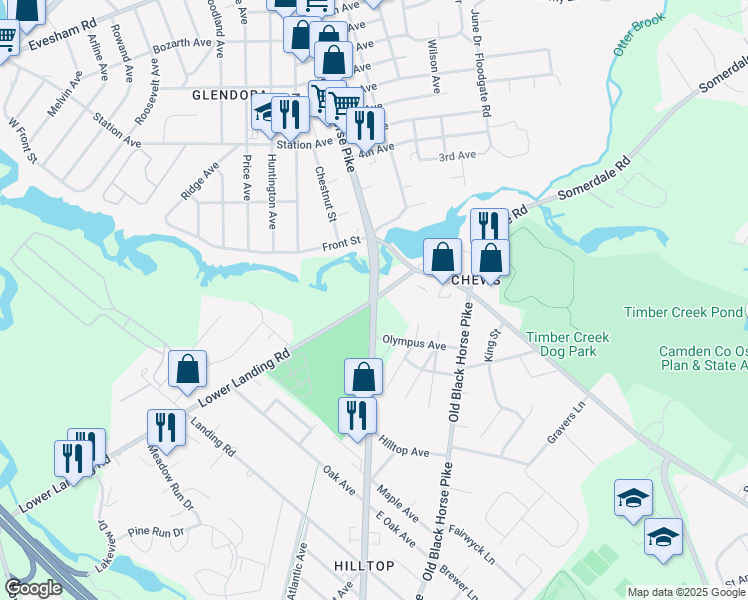 map of restaurants, bars, coffee shops, grocery stores, and more near N Black Horse Pike & Lower Landing Rd in Gloucester Township