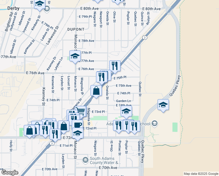 map of restaurants, bars, coffee shops, grocery stores, and more near 6999 East 74th Place in Commerce City