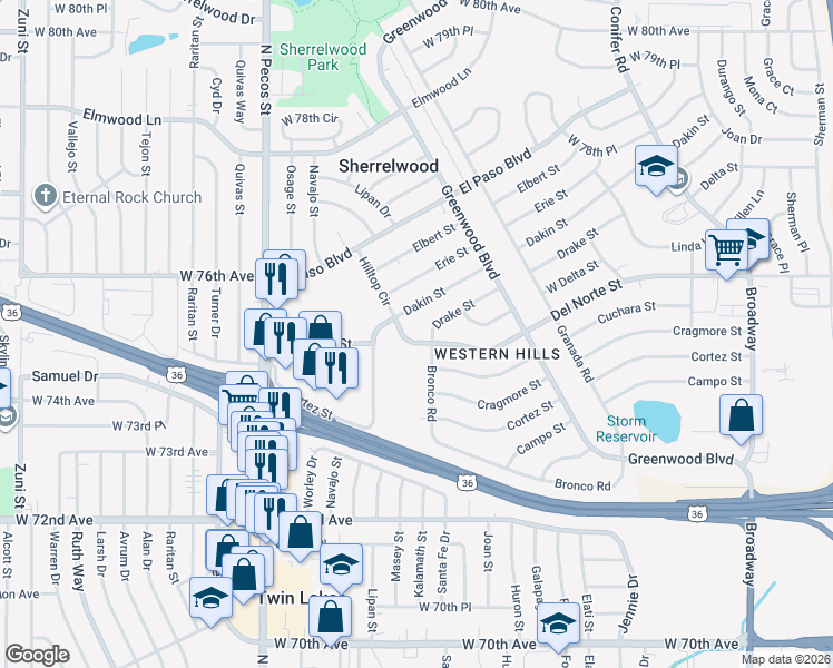 map of restaurants, bars, coffee shops, grocery stores, and more near 7481 Bronco Road in Denver