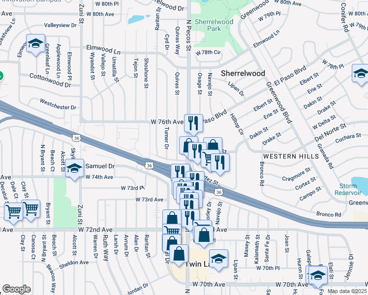 map of restaurants, bars, coffee shops, grocery stores, and more near 7490 North Pecos Street in Denver