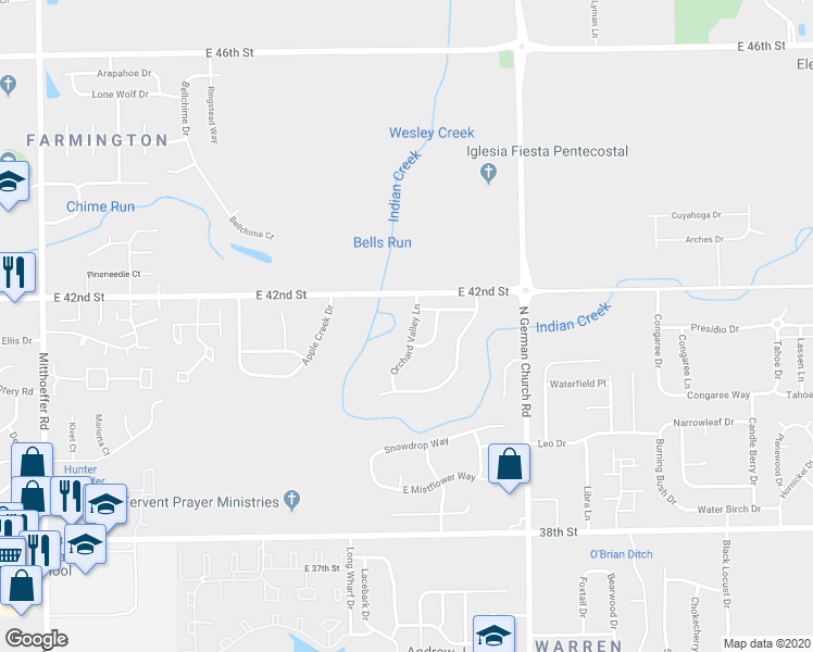 map of restaurants, bars, coffee shops, grocery stores, and more near 4112 Orchard Valley Lane in Indianapolis