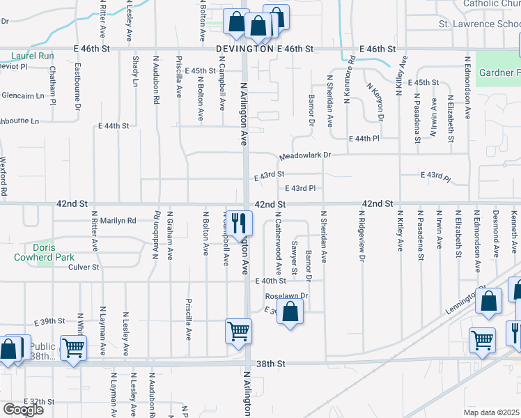 map of restaurants, bars, coffee shops, grocery stores, and more near 6022 Marilyn Road in Indianapolis