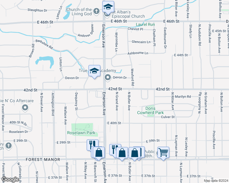 map of restaurants, bars, coffee shops, grocery stores, and more near 4148 North Grand Avenue in Indianapolis