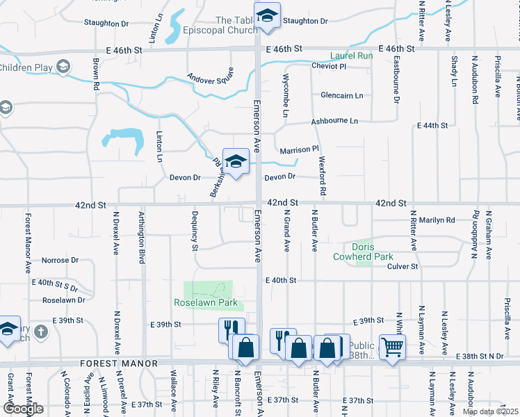 map of restaurants, bars, coffee shops, grocery stores, and more near 4165 North Emerson Avenue in Indianapolis