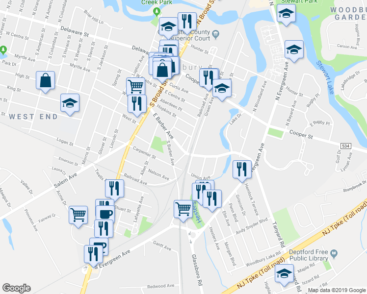 map of restaurants, bars, coffee shops, grocery stores, and more near 84 East Barber Avenue in Woodbury
