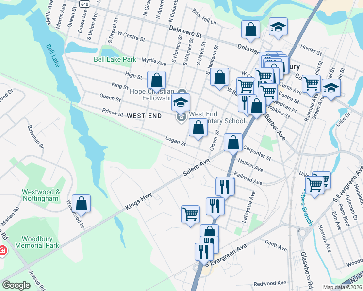 map of restaurants, bars, coffee shops, grocery stores, and more near 167 Logan Street in Woodbury