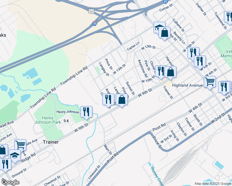 map of restaurants, bars, coffee shops, grocery stores, and more near 1002 Langley Street in Trainer