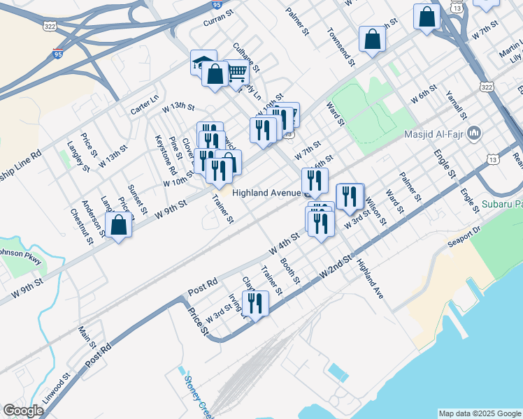 map of restaurants, bars, coffee shops, grocery stores, and more near 3021 West 6th Street in Chester