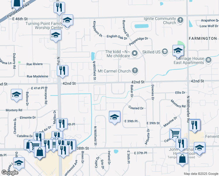 map of restaurants, bars, coffee shops, grocery stores, and more near 4140 Mellis Drive in Indianapolis
