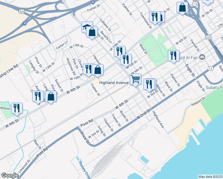 map of restaurants, bars, coffee shops, grocery stores, and more near 3021 West 6th Street in Chester
