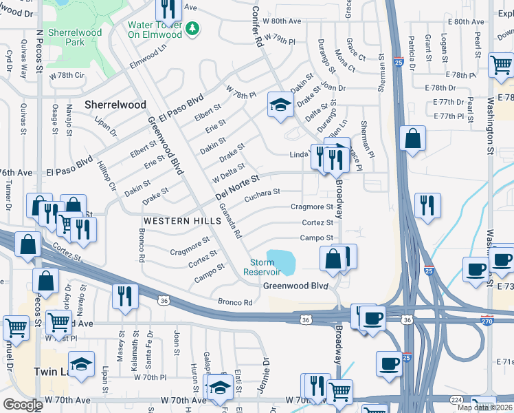 map of restaurants, bars, coffee shops, grocery stores, and more near 440 Cragmore Street in Denver
