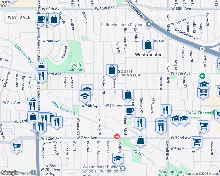 map of restaurants, bars, coffee shops, grocery stores, and more near 7490 Raleigh Street in Westminster