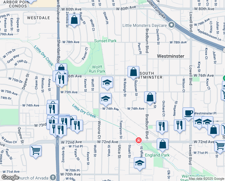map of restaurants, bars, coffee shops, grocery stores, and more near 7490 Stuart Street in Westminster