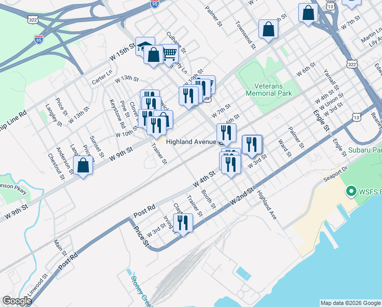 map of restaurants, bars, coffee shops, grocery stores, and more near 3039 West 6th Street in Chester