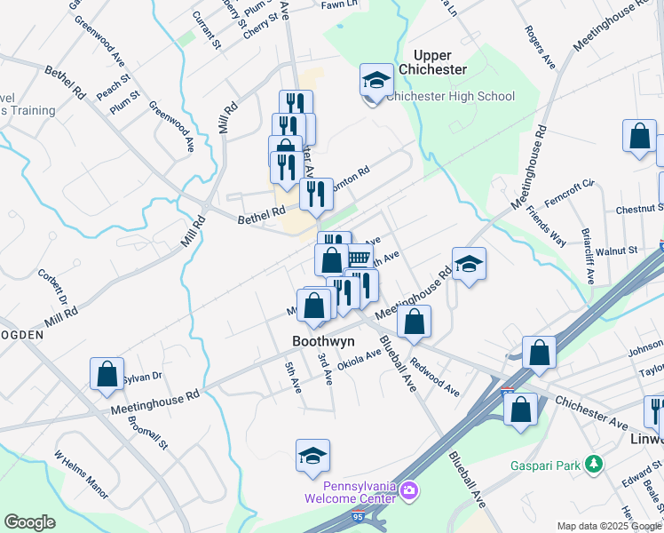 map of restaurants, bars, coffee shops, grocery stores, and more near in Boothwyn