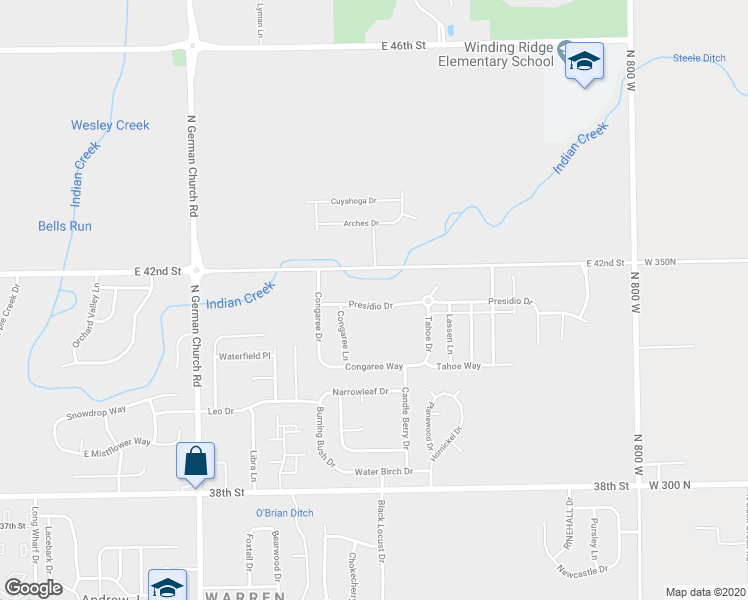 map of restaurants, bars, coffee shops, grocery stores, and more near 11407 Presidio Drive in Indianapolis