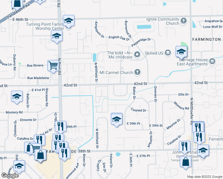 map of restaurants, bars, coffee shops, grocery stores, and more near 4140 Mellis Drive in Indianapolis