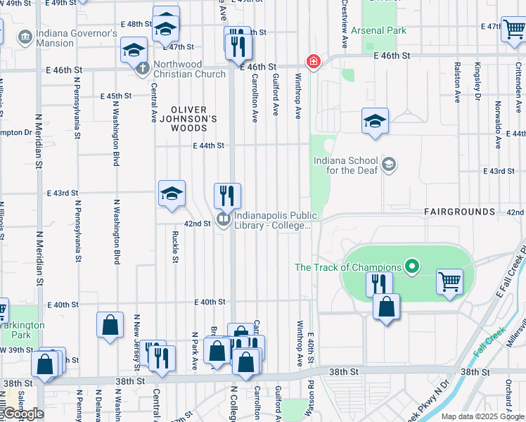 map of restaurants, bars, coffee shops, grocery stores, and more near 802 East 42nd Street in Indianapolis