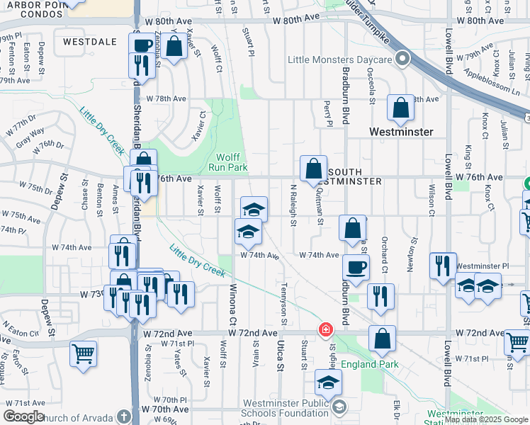 map of restaurants, bars, coffee shops, grocery stores, and more near 7490 Stuart Street in Westminster