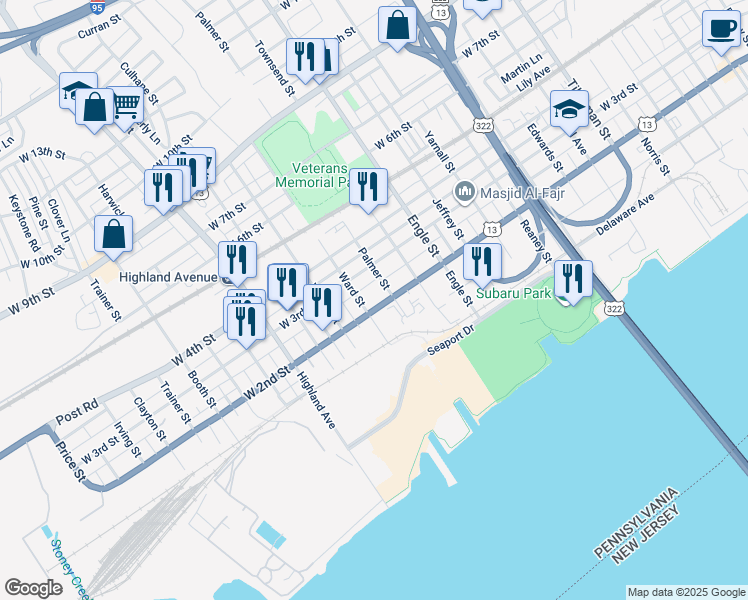 map of restaurants, bars, coffee shops, grocery stores, and more near 2418 West 2nd Street in Chester