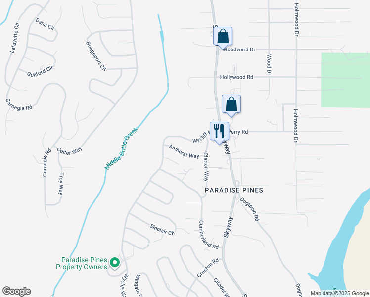 map of restaurants, bars, coffee shops, grocery stores, and more near 6340 Amherst Way in Magalia
