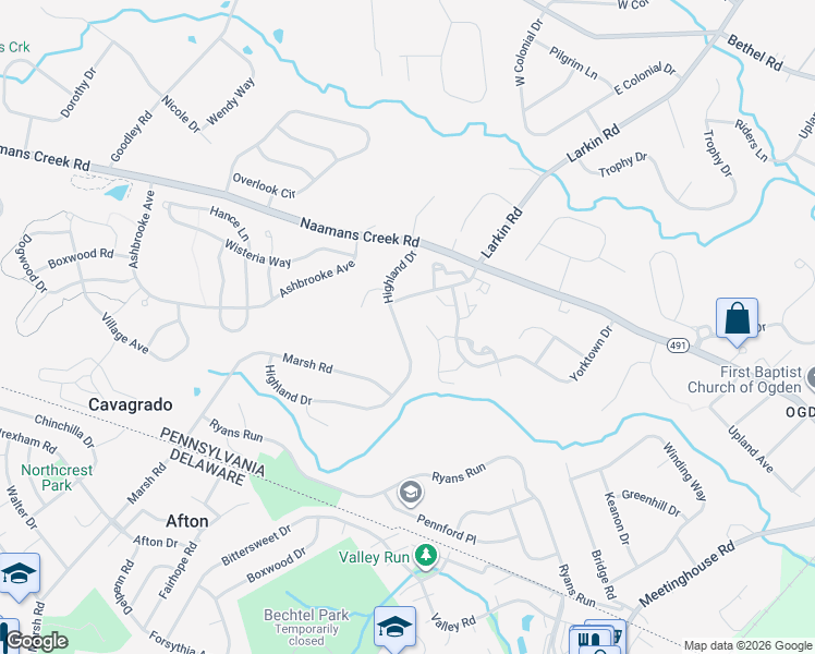 map of restaurants, bars, coffee shops, grocery stores, and more near 3718 Highland Drive in Garnet Valley