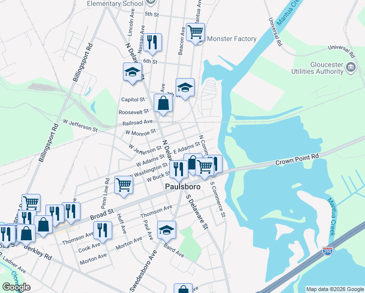 map of restaurants, bars, coffee shops, grocery stores, and more near 37 East Washington Street in Paulsboro