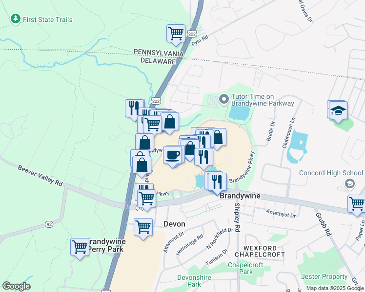 map of restaurants, bars, coffee shops, grocery stores, and more near Brandywine Parkway in Wilmington