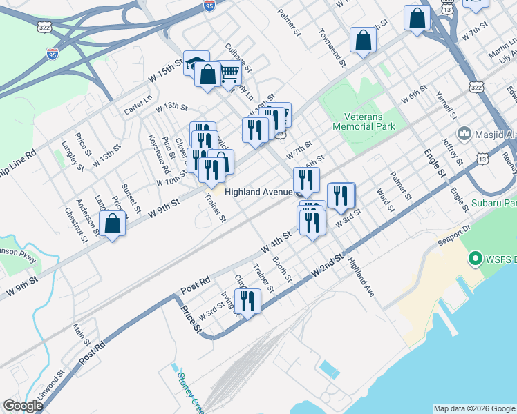 map of restaurants, bars, coffee shops, grocery stores, and more near 3039 West 6th Street in Chester
