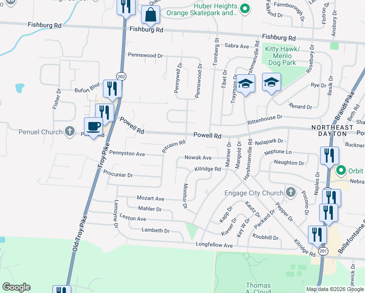 map of restaurants, bars, coffee shops, grocery stores, and more near 4601 Nowak Avenue in Dayton