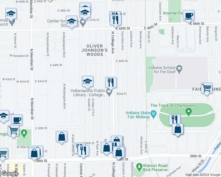 map of restaurants, bars, coffee shops, grocery stores, and more near 4214 North College Avenue in Indianapolis