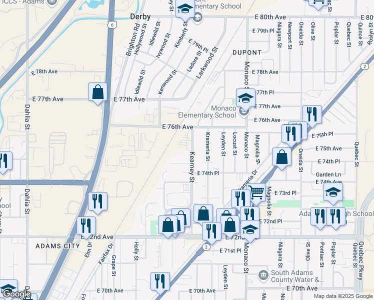 map of restaurants, bars, coffee shops, grocery stores, and more near 7481 Kearney Street in Commerce City