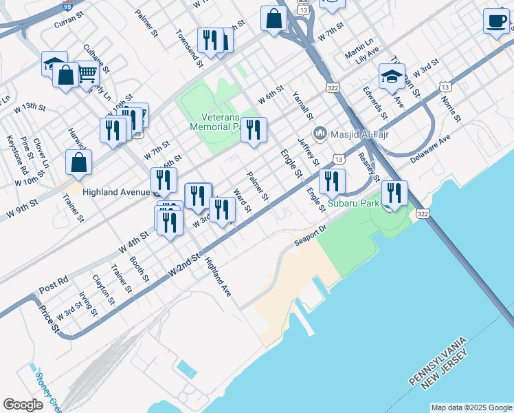 map of restaurants, bars, coffee shops, grocery stores, and more near 2418 West 2nd Street in Chester
