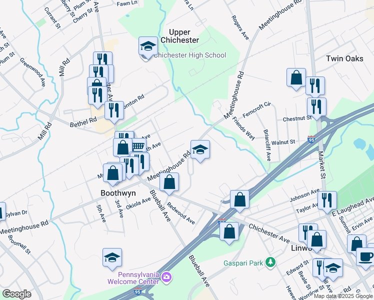 map of restaurants, bars, coffee shops, grocery stores, and more near 904 Meetinghouse Road in Boothwyn