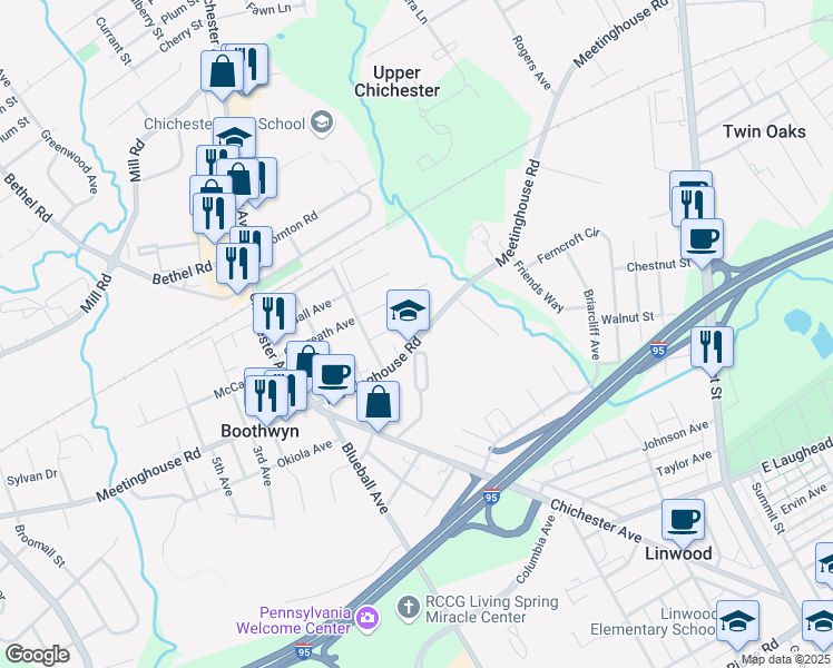map of restaurants, bars, coffee shops, grocery stores, and more near 904 Meetinghouse Road in Township of Upper Chichester